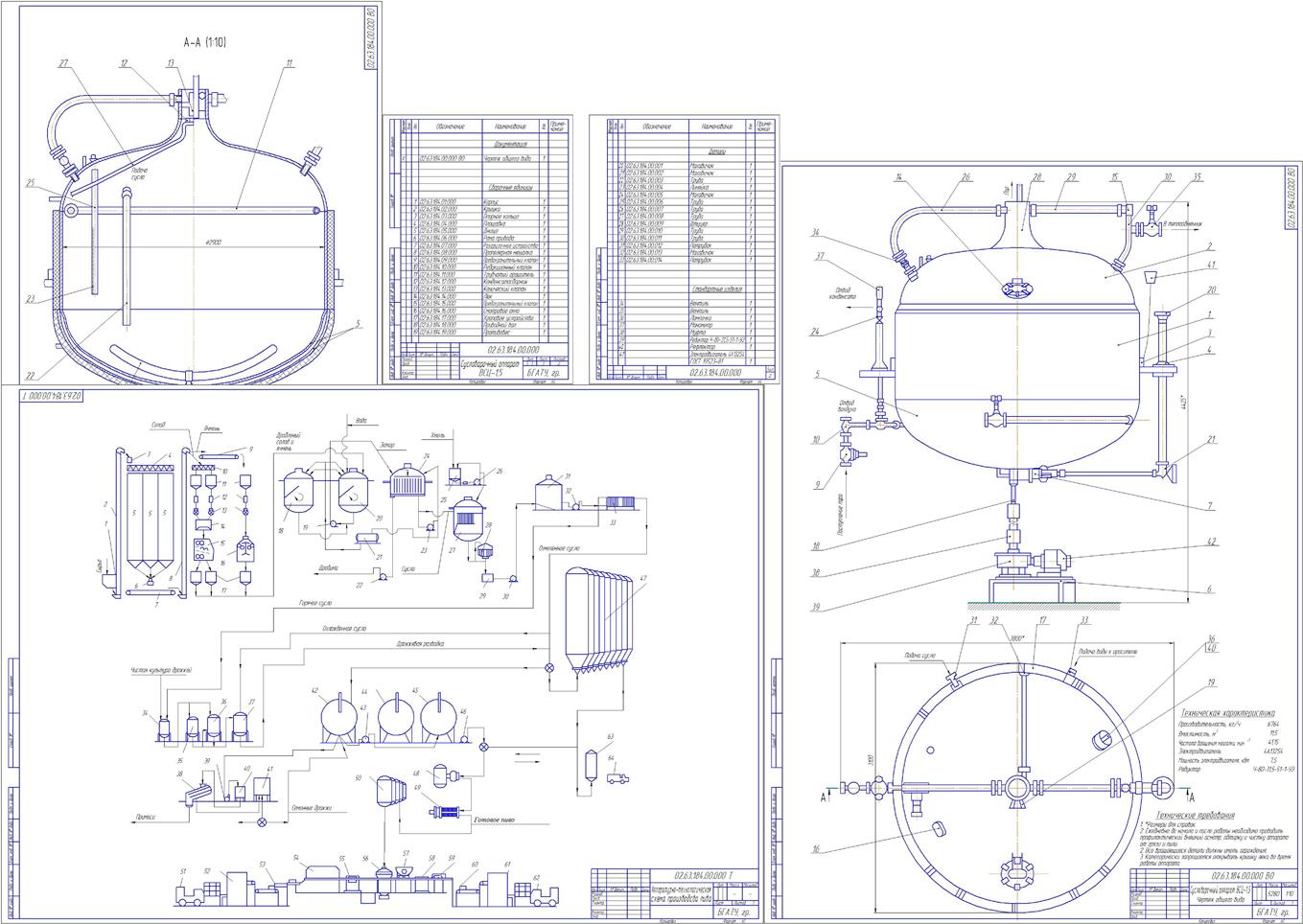 Чертеж Линия производства темных сортов пива с расчетом сусловарочного аппарата ВСЦ-1,5