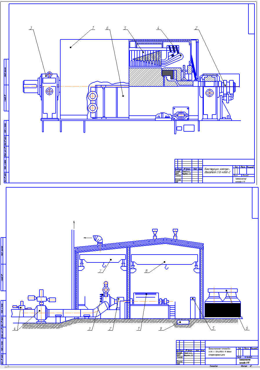 Чертеж Схема электродвигателя марки СТД-4000-2 и принципиальная компоновка ЭГПА в здании компрессорного цеха
