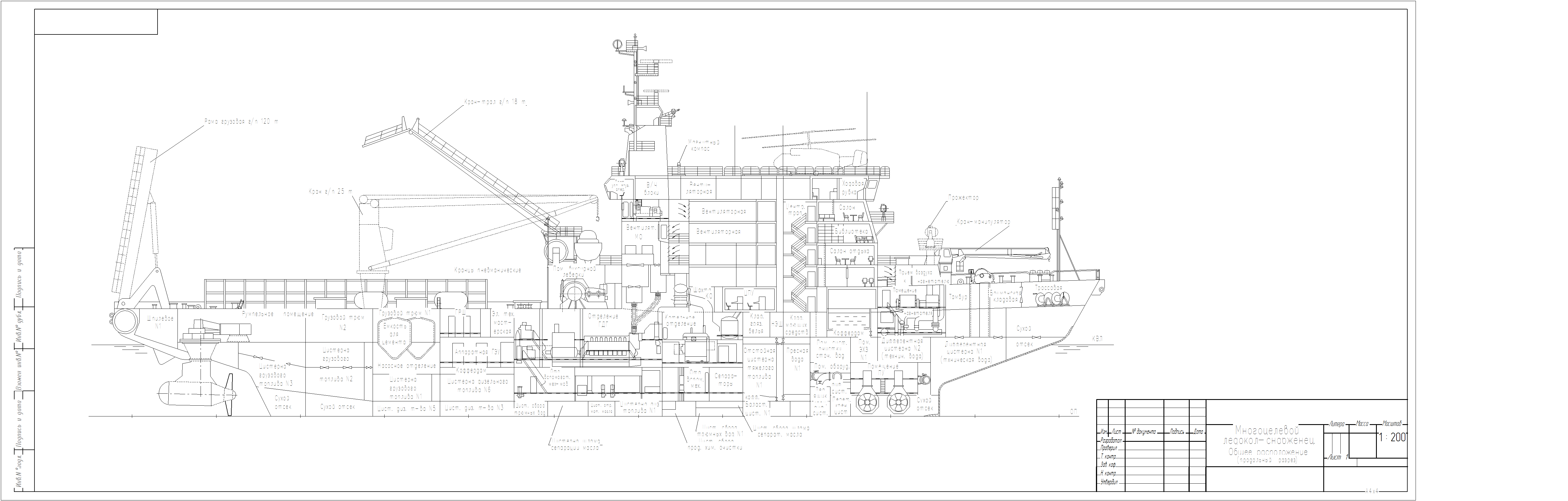 Чертеж Продольный разрез многоцелевого ледокола проекта 21900