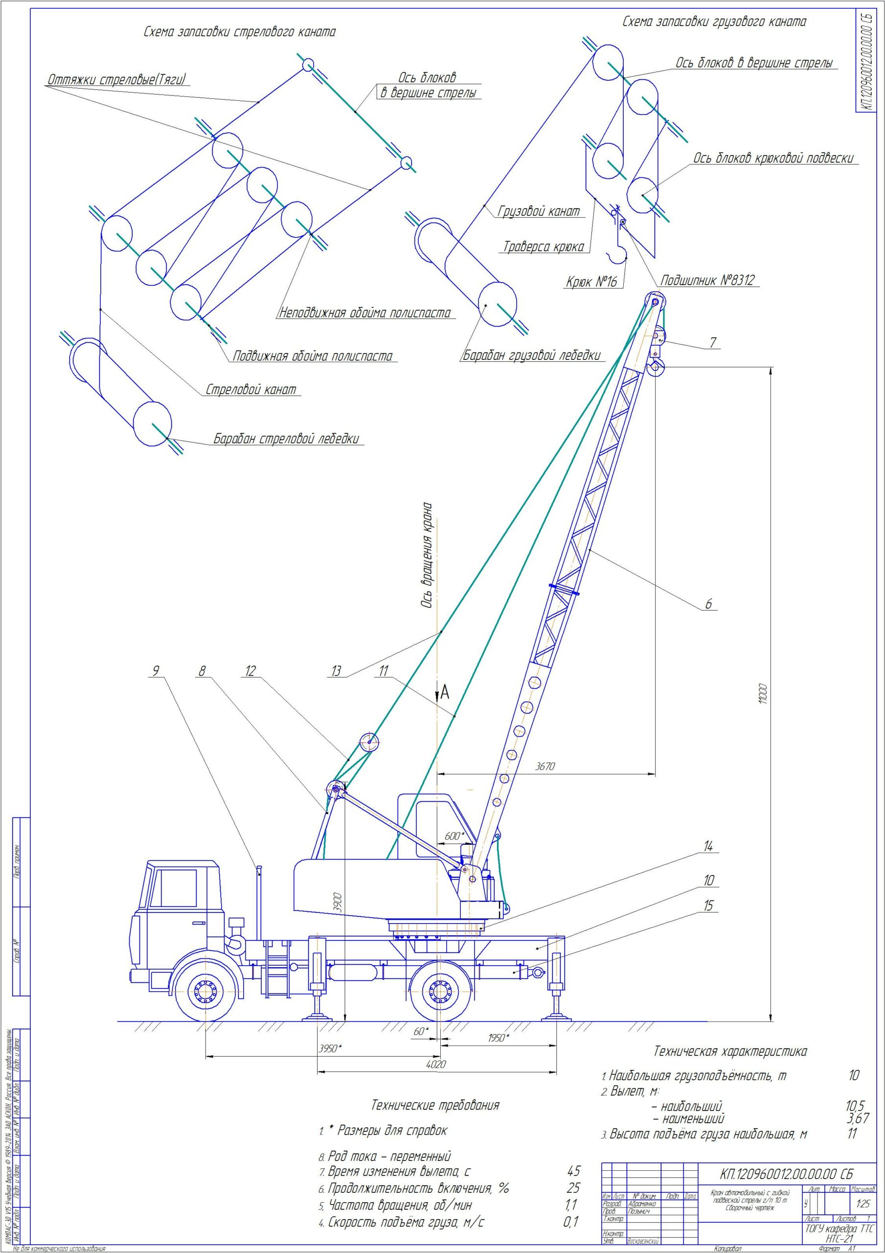 Чертеж Проектирование автомобильного крана грузоподъёмностью 10 т с электрическим приводом механизмов и гибкой подвеской стрелы.