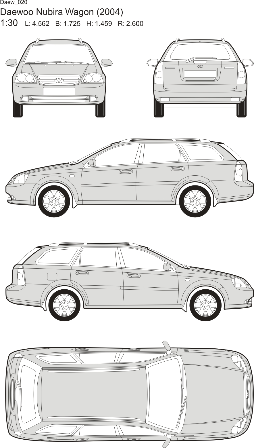 Чертеж Схема общего вида автомобиля Daewoo Nubira Wagon 2004