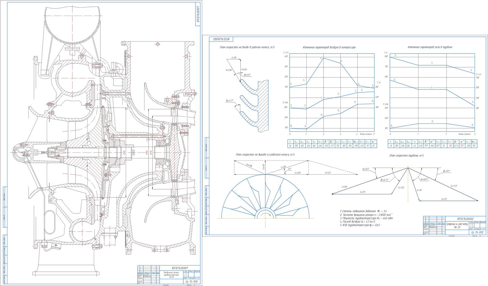 Чертеж Подбор проточной части турбокомпрессора на судовой малооборотный двигатель.