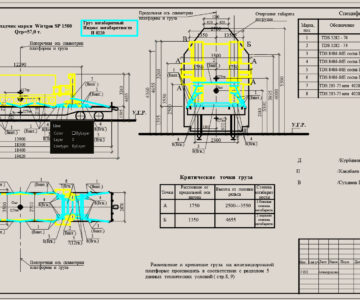 Чертеж ТУ на размещение и крепление бетоноукладчика марки Wirtgen SP 1500 массой 57т на железнодорожной платформе модели 13-9007* (фитинговая платформа) грузопoдъёмностью 68 т