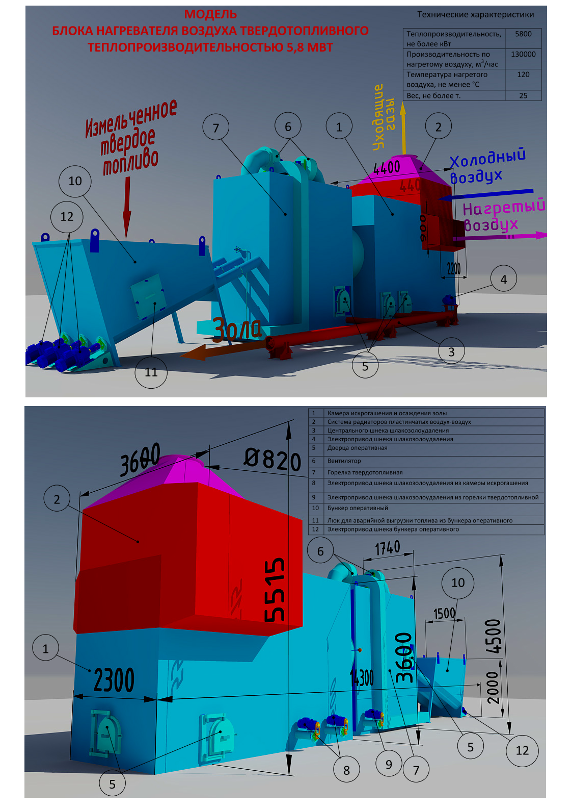 3D модель Твердотопливный нагреватель воздуха (рекуператор воздух-воздух)