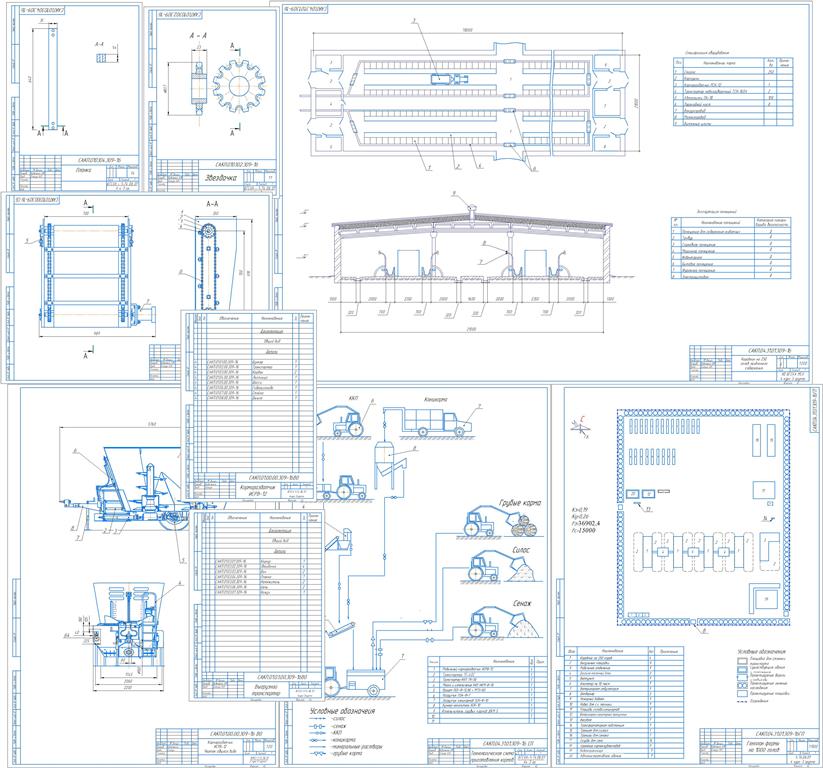Чертеж Проектирование процесса приготовления и раздачи полнорационных кормосмесей мобильным на ферме 1000 голов привязного содержания в 4-х помещениях с разработкой выгрузного транспортера кормораздатчика ИСРВ - 12