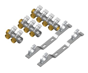 3D модель Коллекторы распределительные с вентилями Elsen 3/4 выходы 3/4 под евроконус 2-4 выхода. Кронштейн для крепления коллекторов.