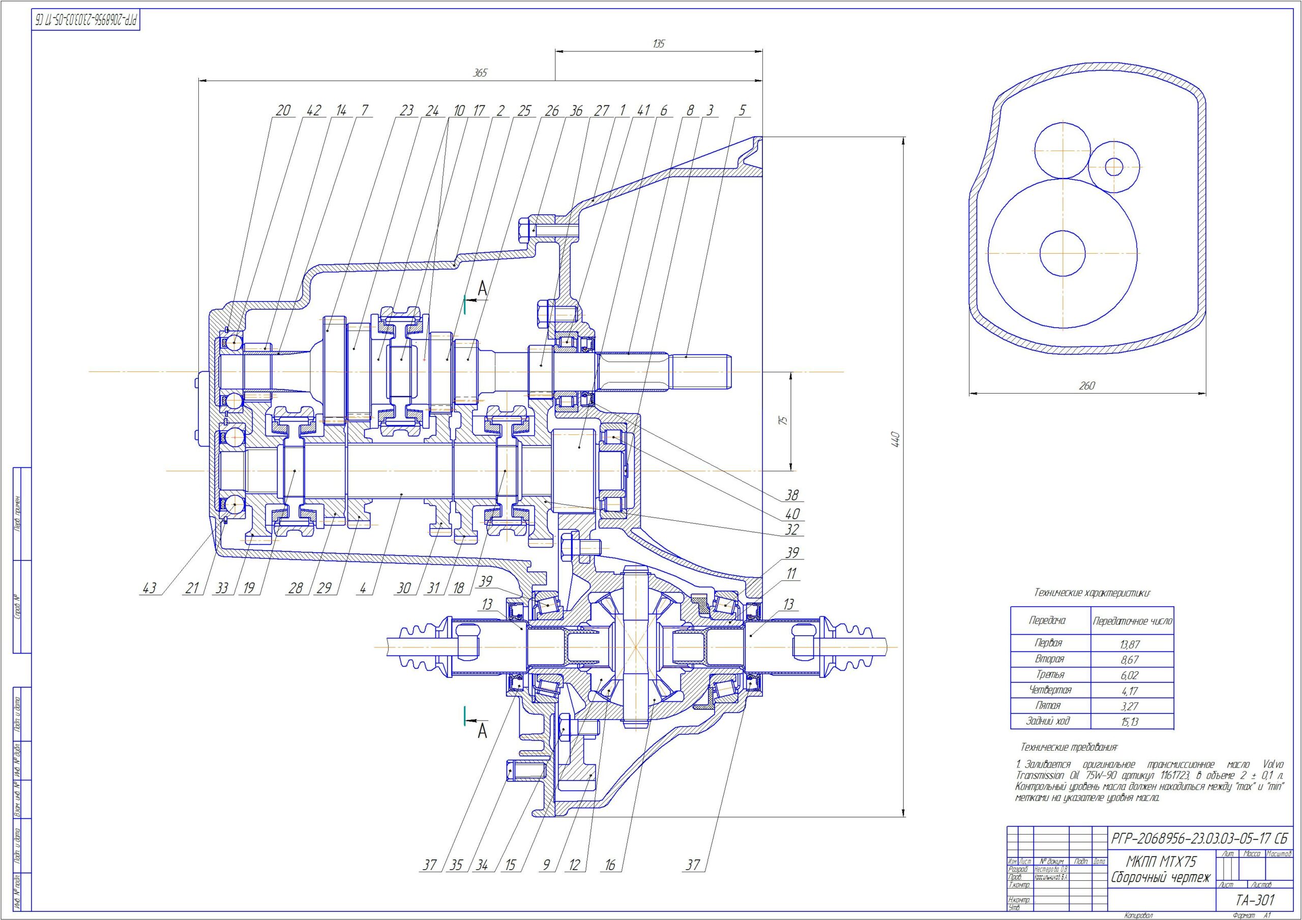 Чертеж Сборочный чертеж механической коробки передач мтх-75