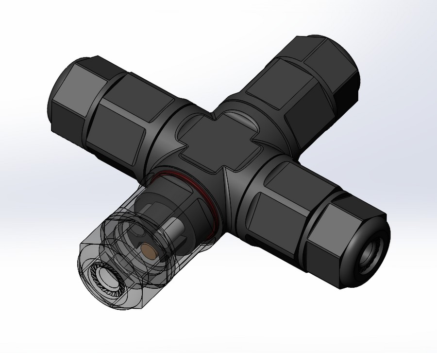 3D модель Коннектор (разъём) LLT-L20 IP65 прямой, Т-образный, Х-образный (3 пина)