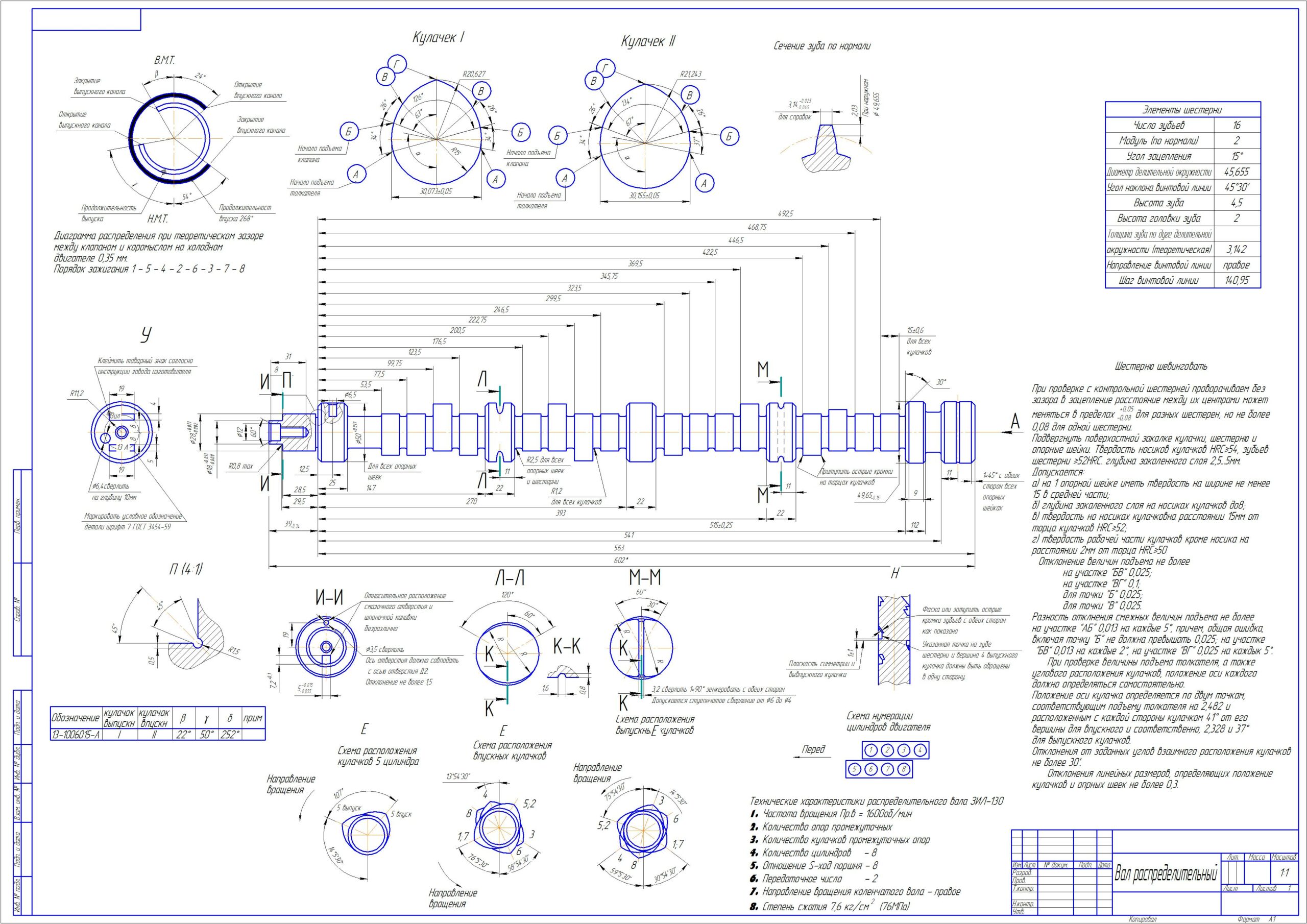 Чертеж Чертеж вала распределительного двигателя ЗИЛ-130