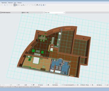 3D модель Планировка гостиной и кухни 3-х комнатной квартиры