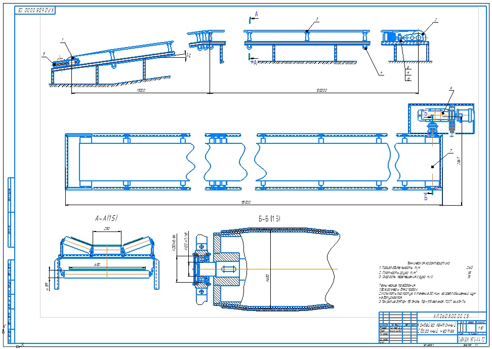 Чертеж Расчет ленточного конвейера (Q=260 т/ч, V=1,5 м/с, p=1,8 т/м3, β = 15, L=115.)