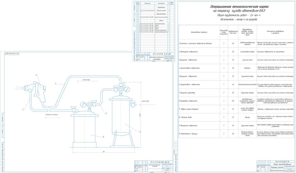 Чертеж Краскопульт чертеж,спецификация к нему и технологическая карта покраски авто