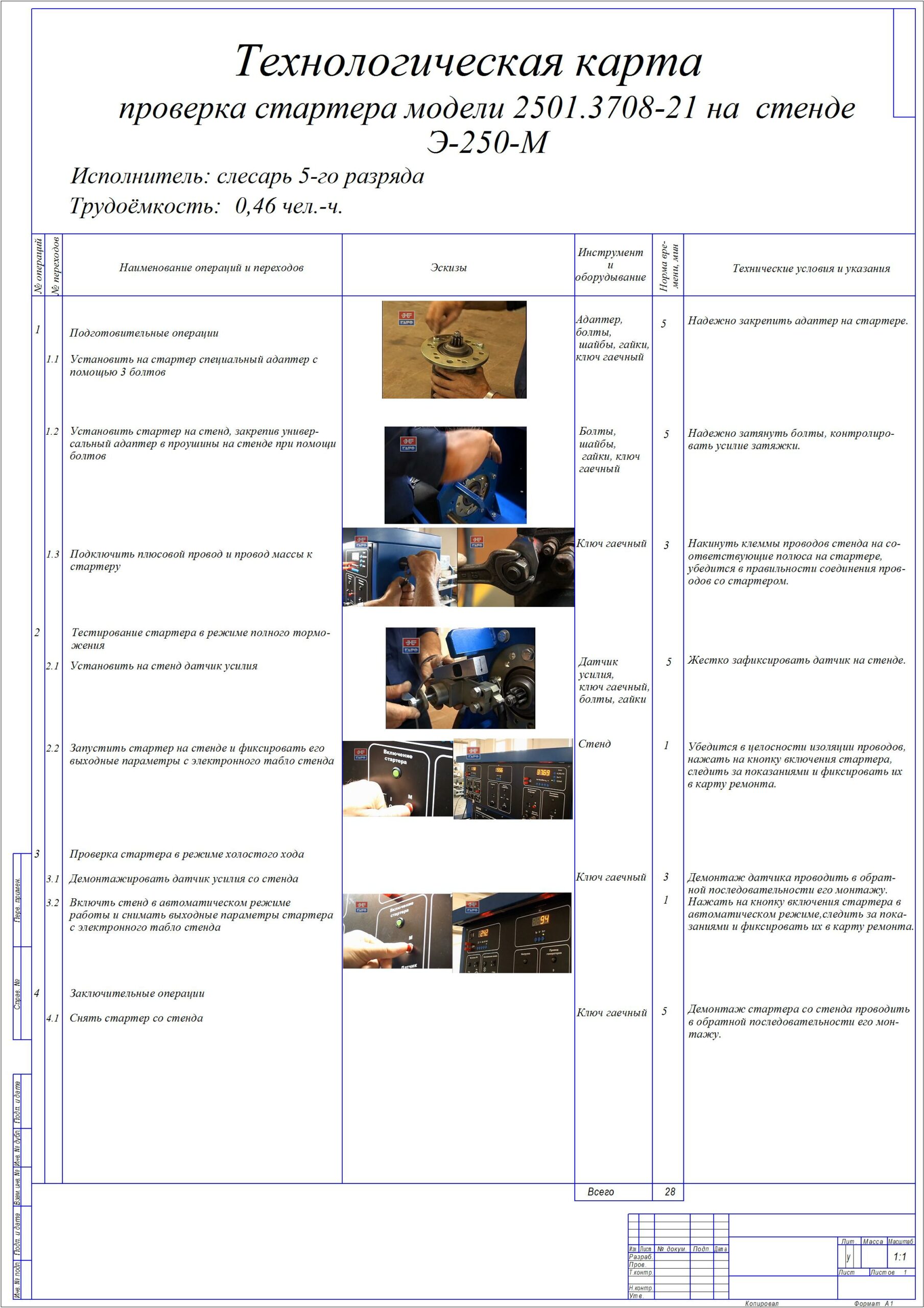 Чертеж Технологическая карта на тему: "Проверку стартера модели 2501.3708-21 на стенде Э-250-М"