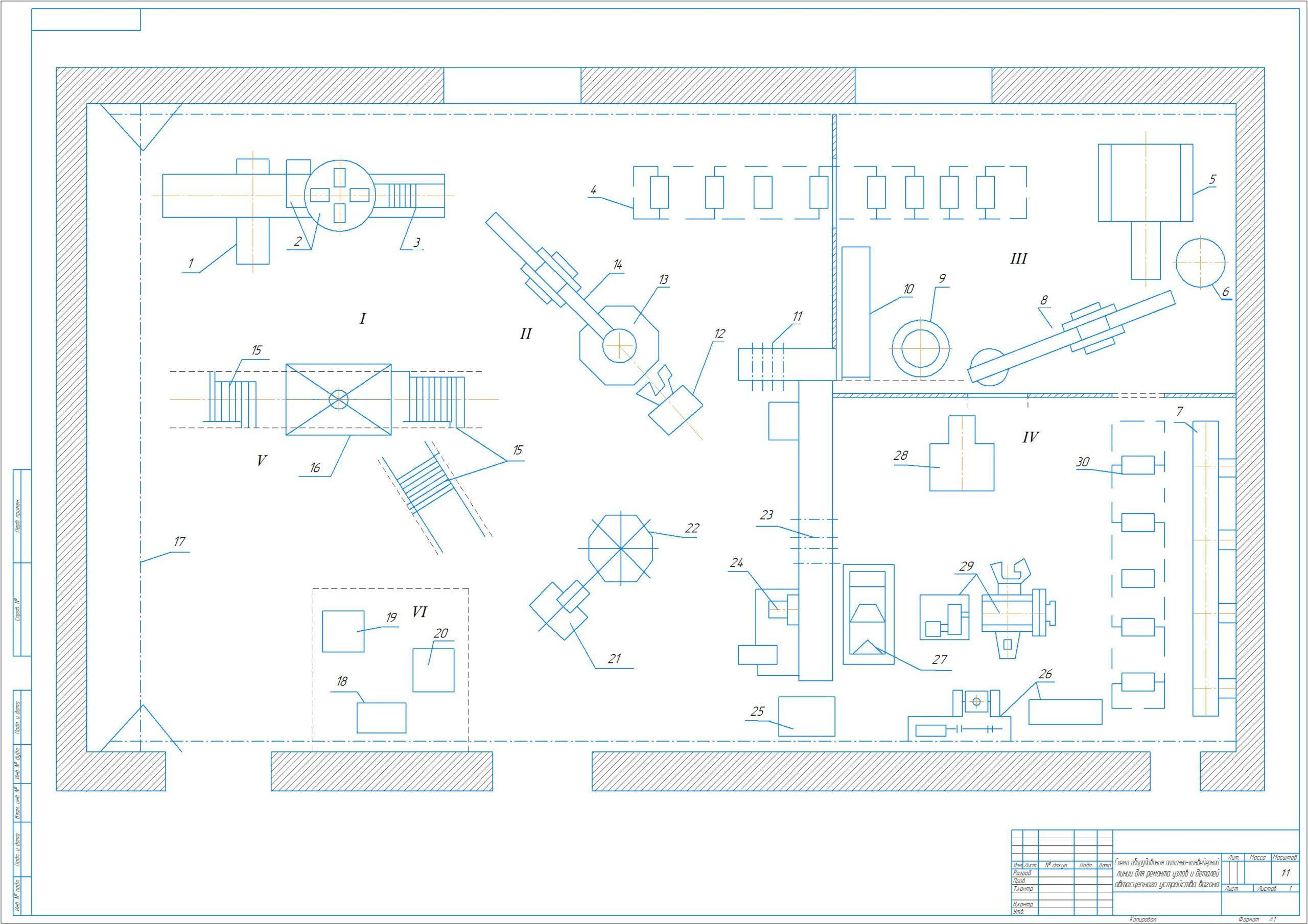 Чертеж Схема оборудования поточно-конвейерной линии для узлов и деталей автосцепного устройства
