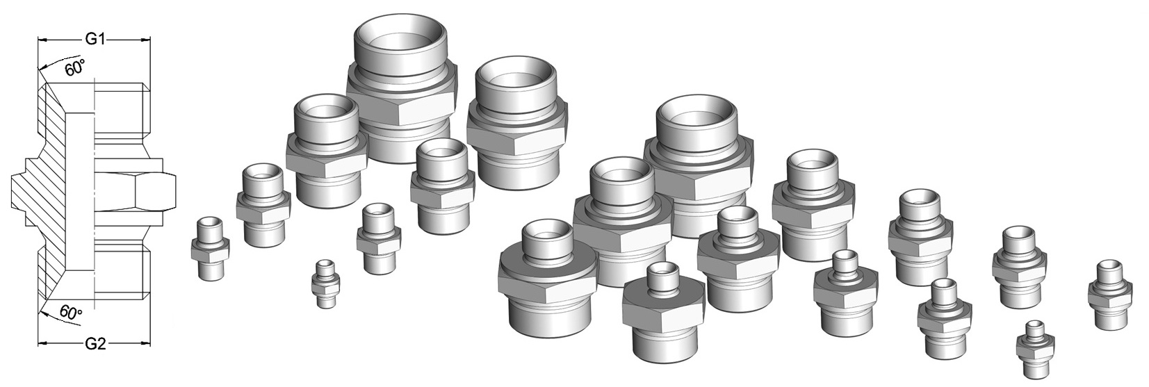 3D модель Комплект прямых гидравлических фитингов с дюймовой наружной резьбой и конусом 60° (BSP 60° - BSP 60°)