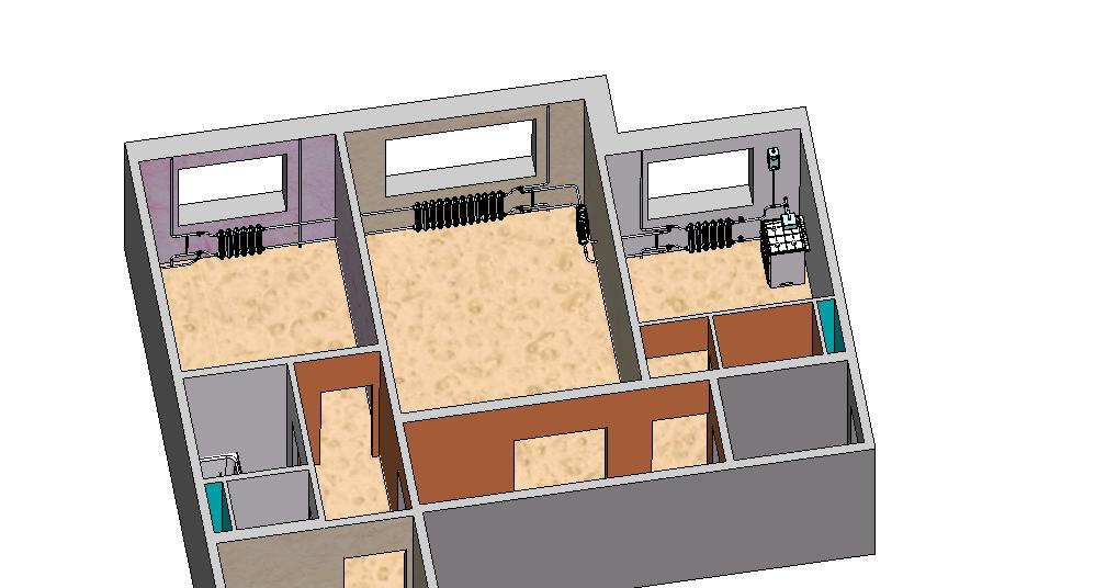 3D модель Комбинированное отопление трехкомнатной квартиры
