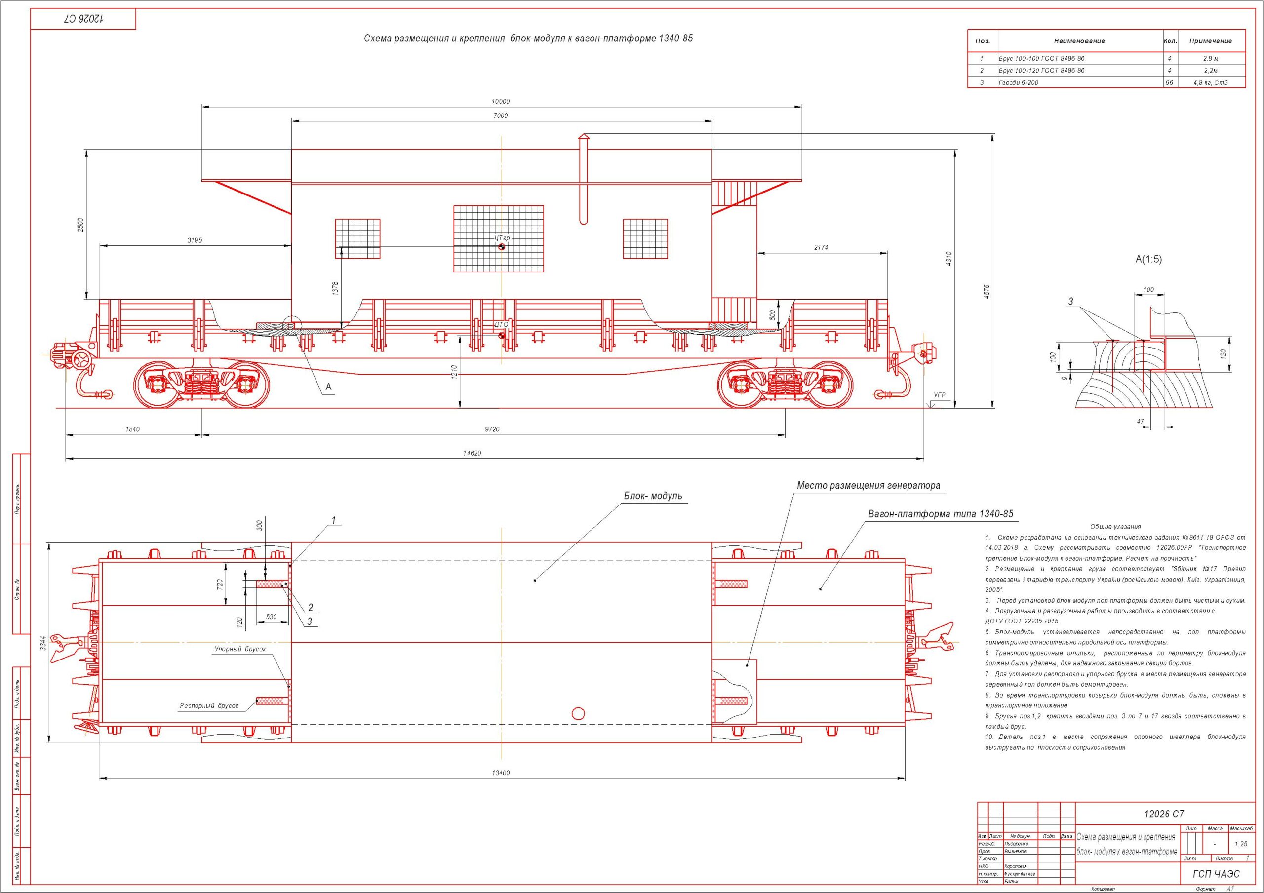 Чертеж Транспортное крепление блок-модуля к вагон-планформе. Расчет на прочность
