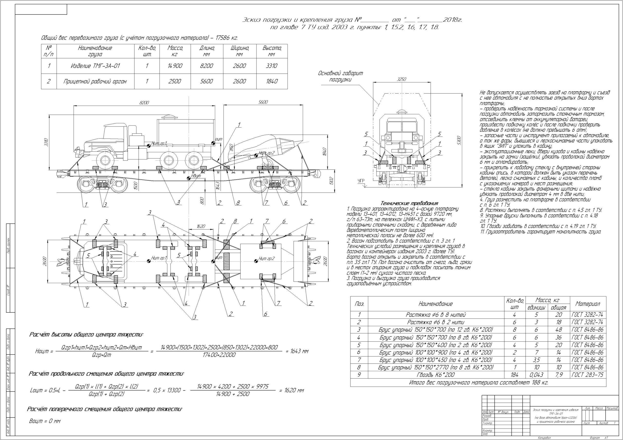 Чертеж Эскиз погрузки и крепления изделия ТМГ-3А-01 (на базе Урал-43206) и прицепного рабочего органа