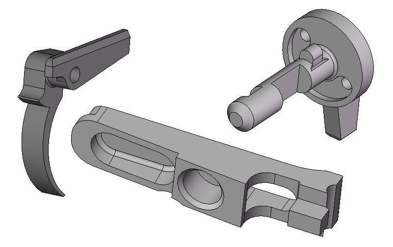 3D модель Крючок спусковой 1-23, шептало 1-24 и предохранитель 1-27 пулемета Калашникова