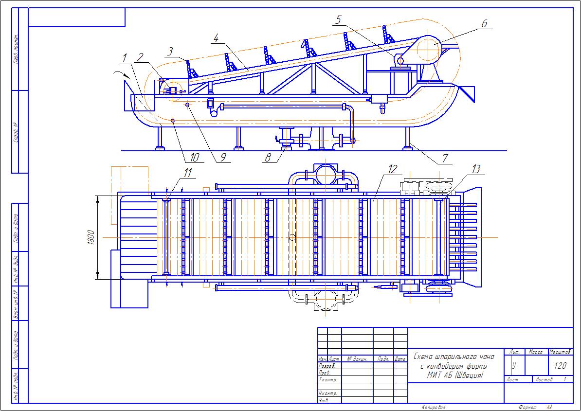 Чертеж Схема шпарильного чана с конвейером фирмы МИТ АБ (Швеция)
