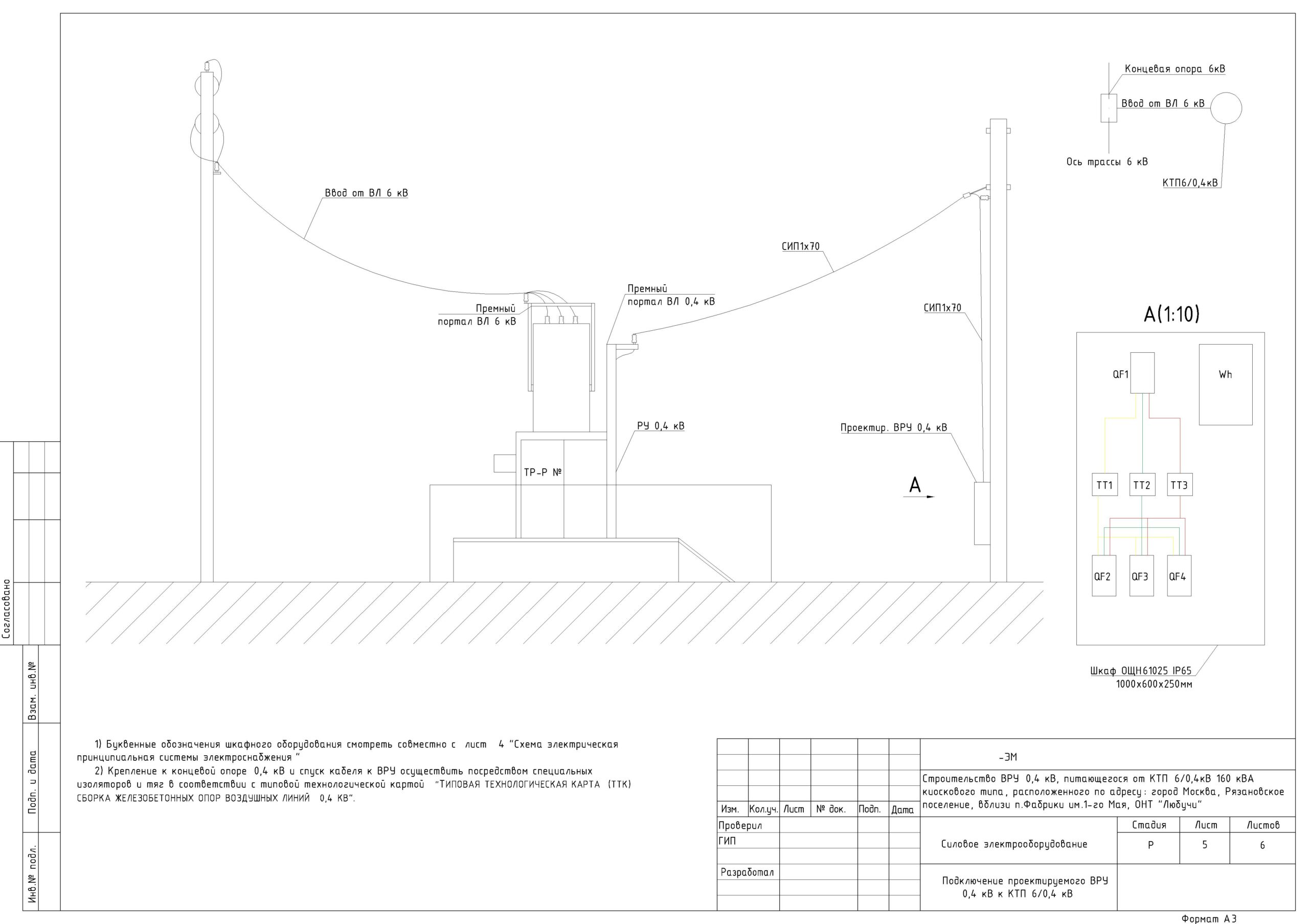 Чертеж Строительство ВРУ 0,4 кВ, питающегося от КТП 6/0,4 кВ 160 кВА киоскового типа, расположенного по адресу: г. Москва, Рязановское поселение, вблизи п. Фабрики, им. 1-го Мая, ОНТ"Любучи"