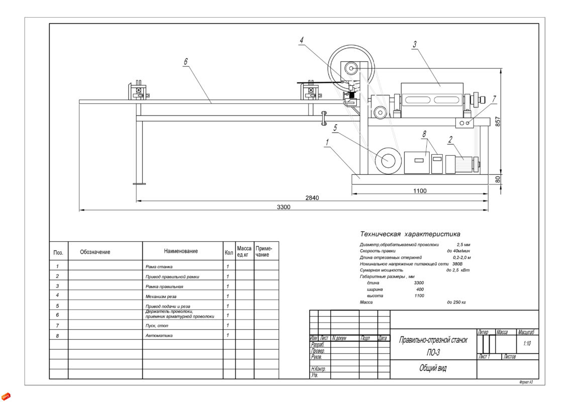 Чертеж Правильно-отрезной станок для резки арматурной стали ПО-3. Общий вид.
