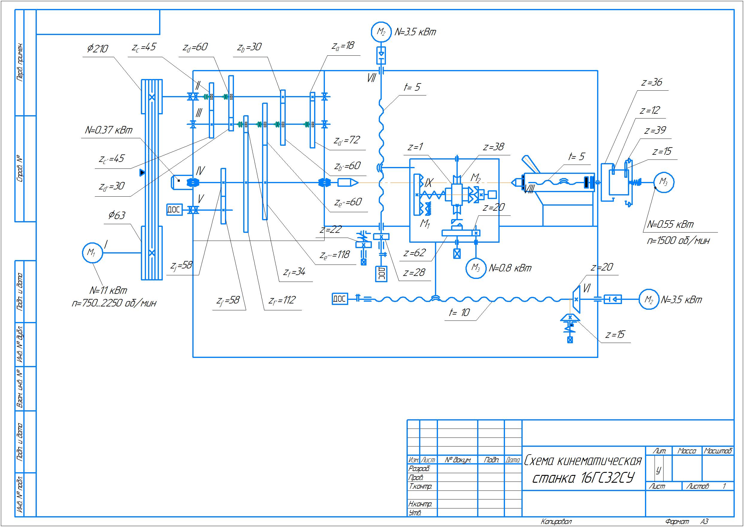 Чертеж Схема кинематическая станка 16ГС32СУ.