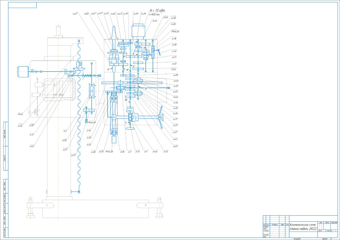 Чертеж Кинематическая схема станка модели 2К522