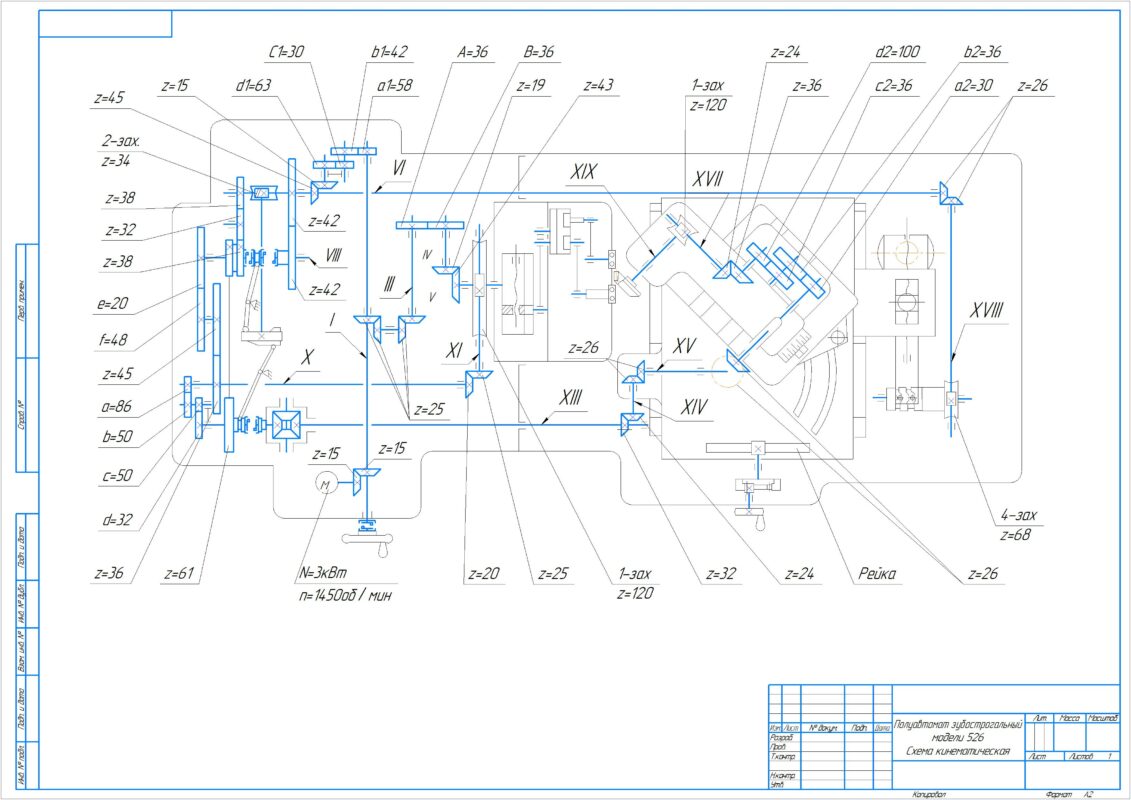 Чертеж Схема кинематическая полуавтомата зубострогального модели 526