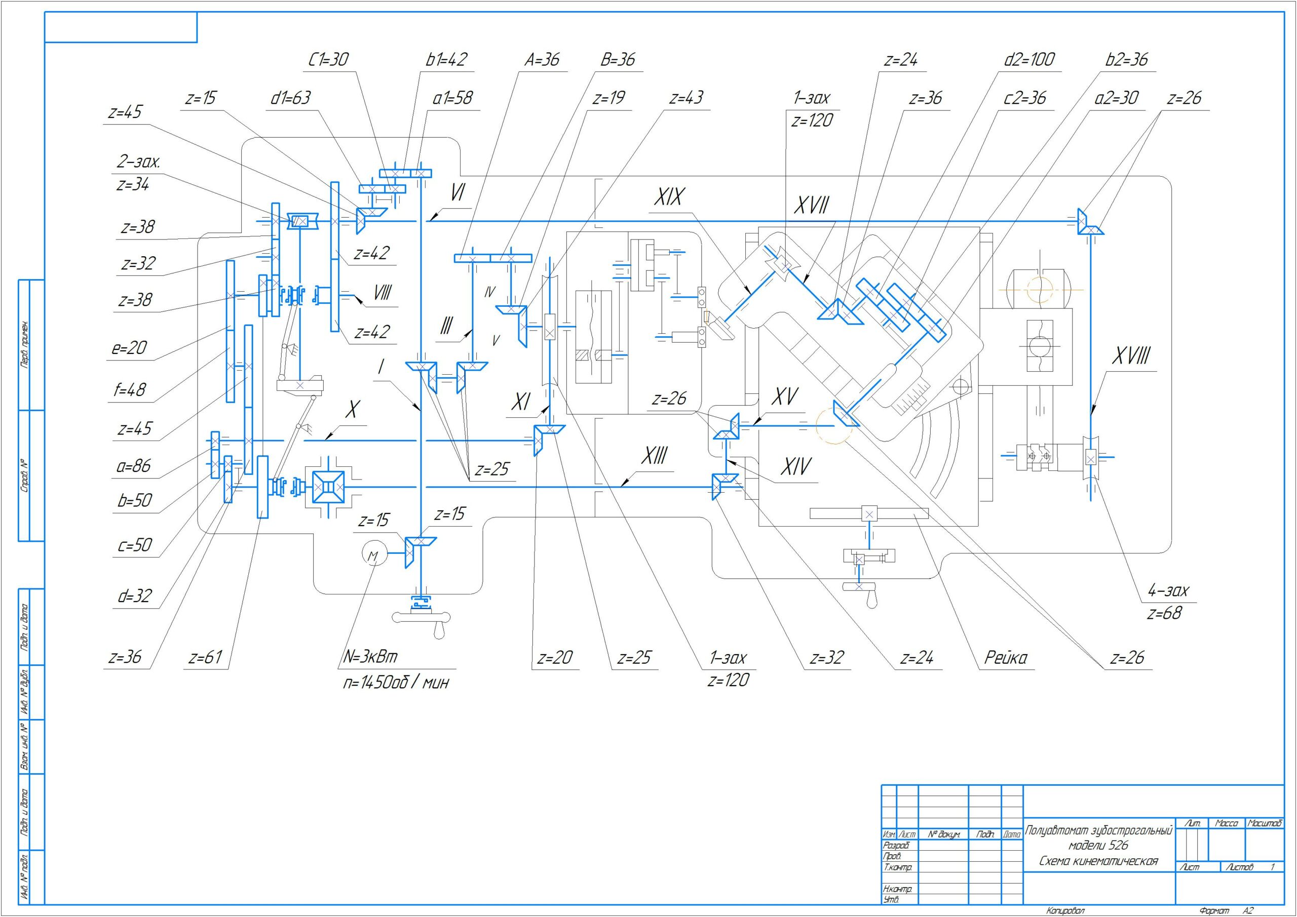 Чертеж Схема кинематическая полуавтомата зубострогального модели 526
