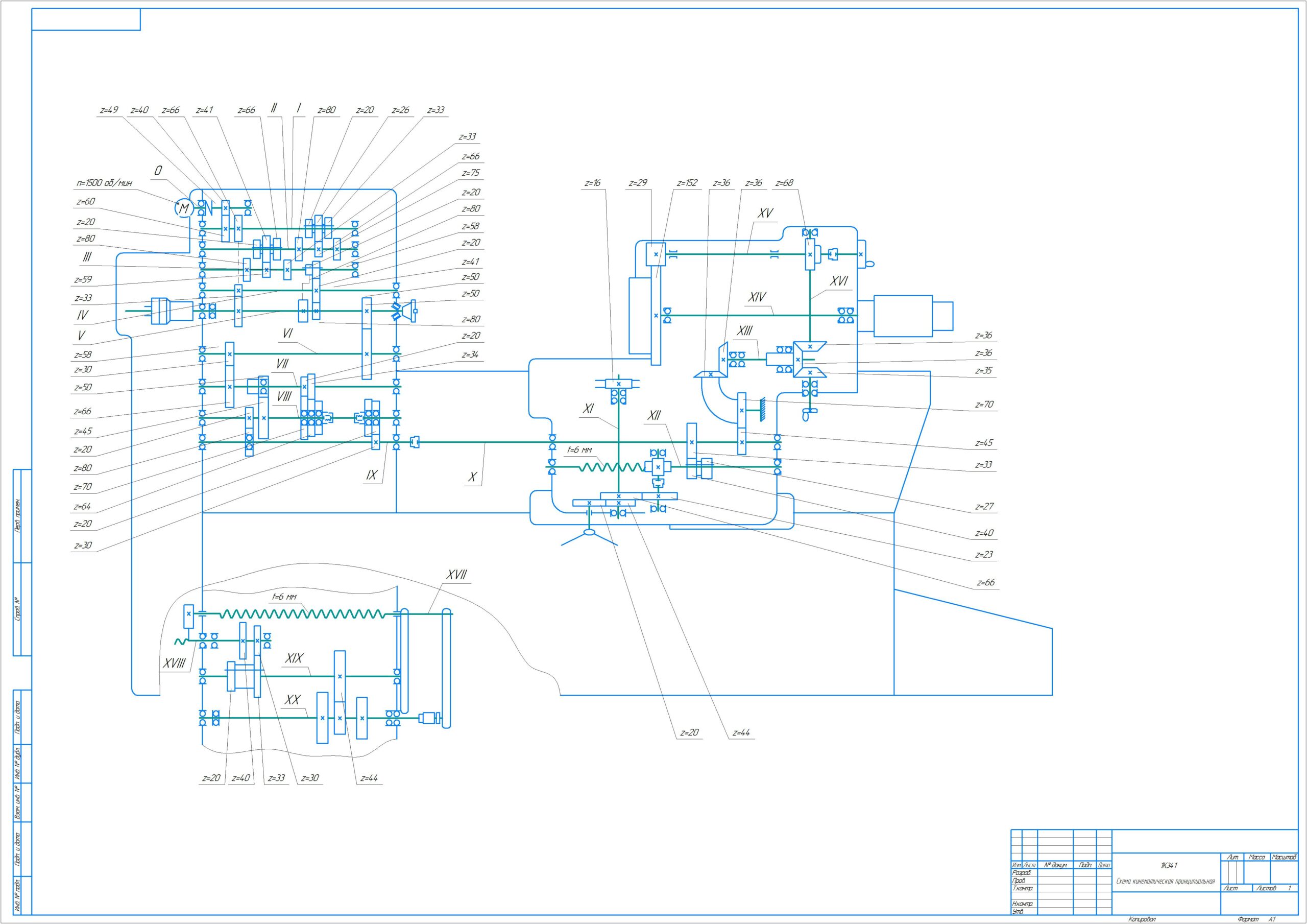 Чертеж Схема кинематическая принципиальная станка модели 1К341