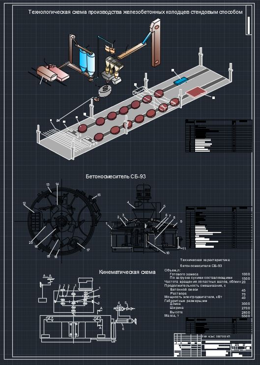 Чертеж Технологическая схема производства железобетонных колодцев, бетоносмеситель принудительного действия