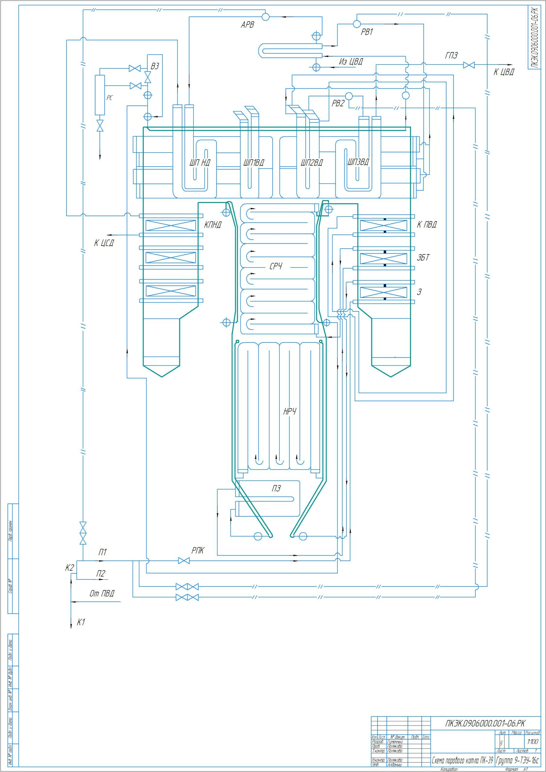 Чертеж Схема парового котла ПК-39