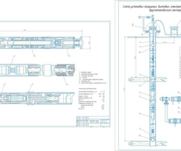 Чертеж Чертеж и схема установки погружного ЭВН и секции насоса УЭВН 63-1200.