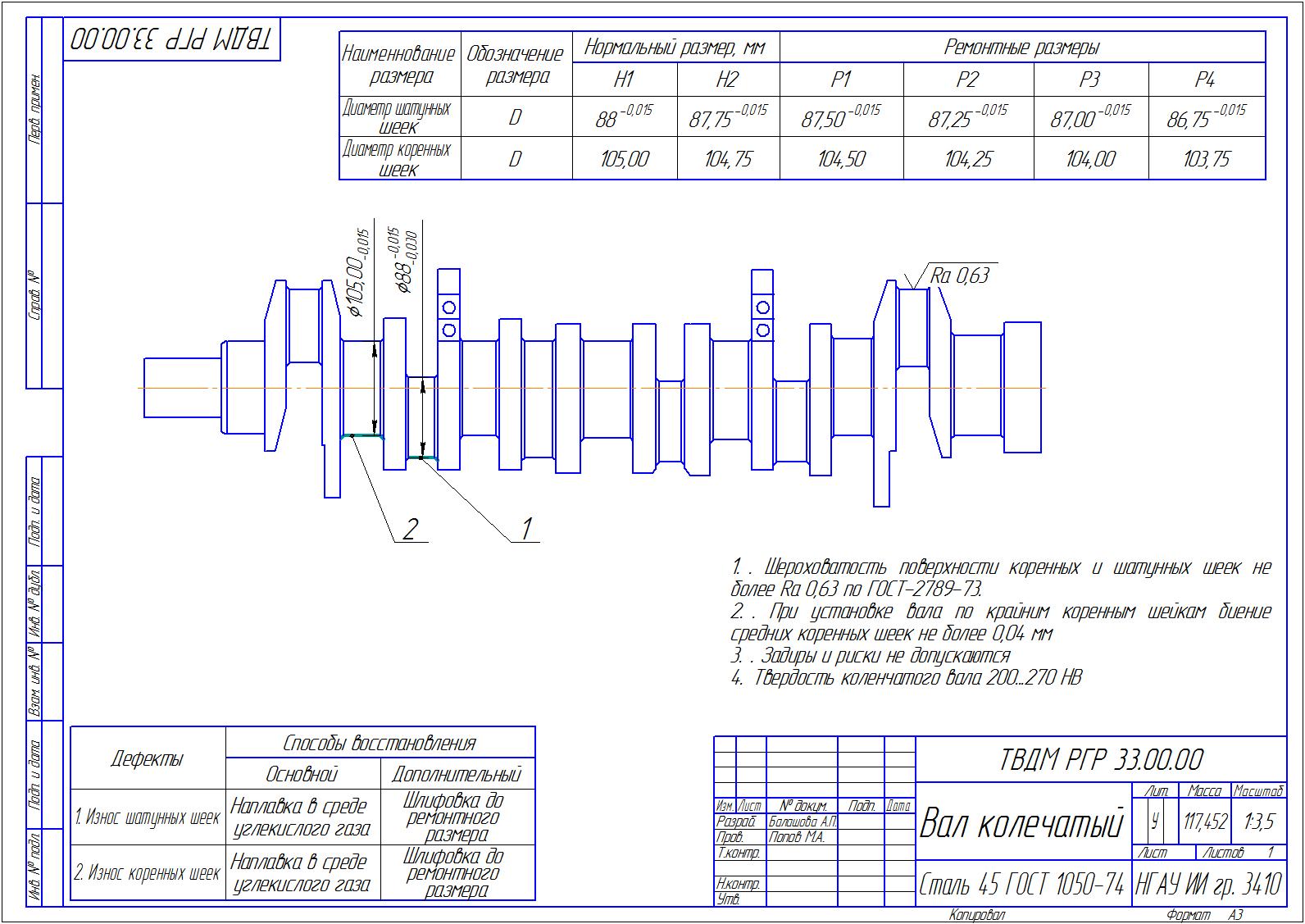 Чертеж Разработка технологического про-цесса восстановления коленчатого вала А-01М