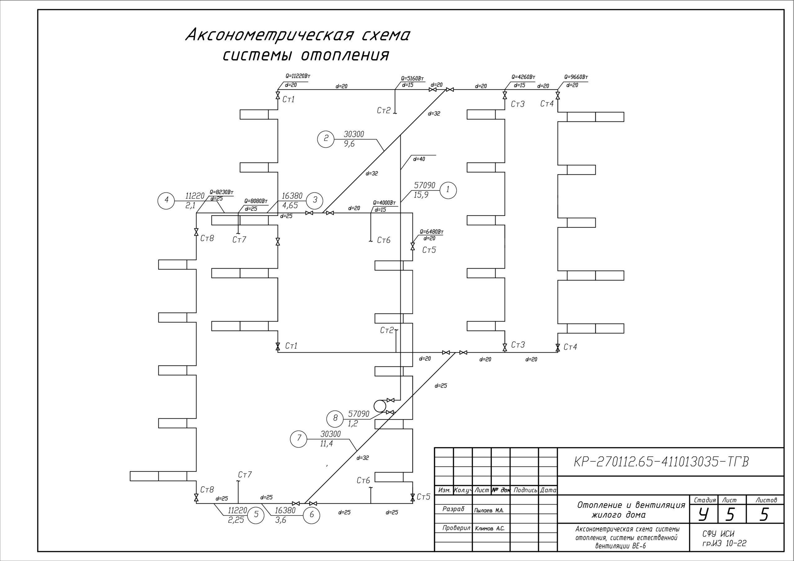 Чертеж Отопление 5-ти этажного жилого дома в г. Новосибирск