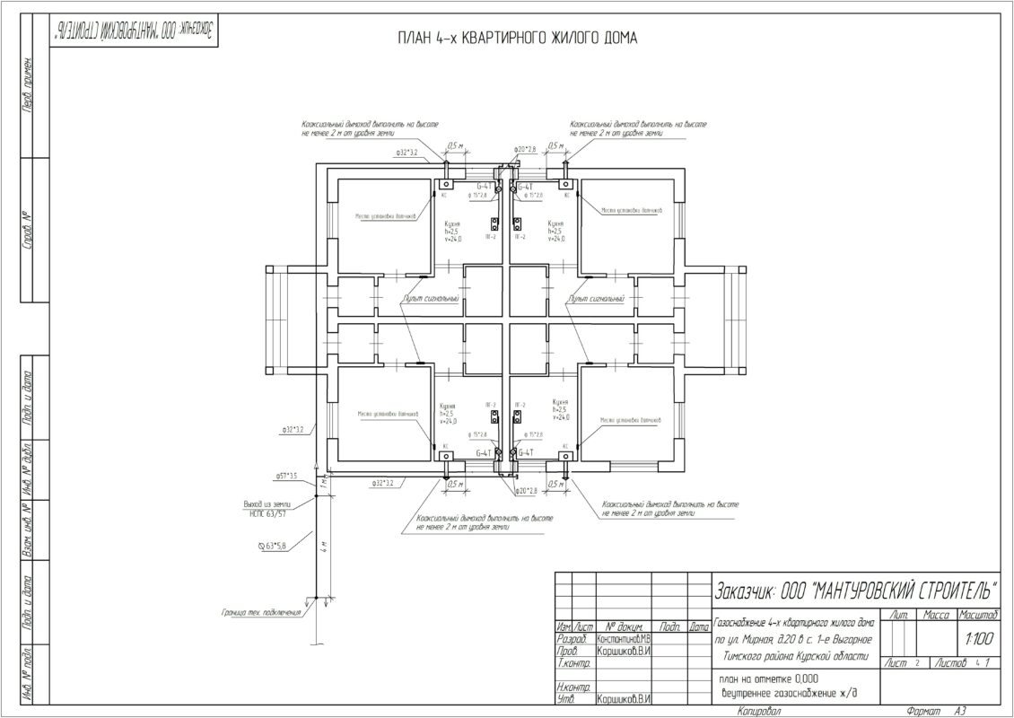 Чертеж Газоснабжение 4-х квартирного жилого дома