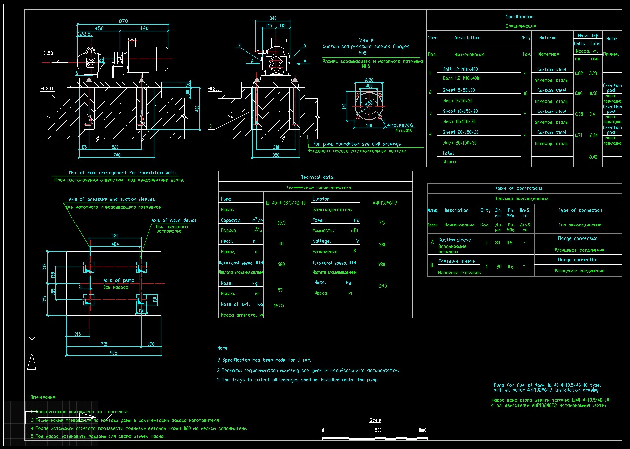 Чертеж Насос типа Ш40-4-19.5-4Б-10 с электродвигателем типа АИР132М6Т2. Установочный чертеж