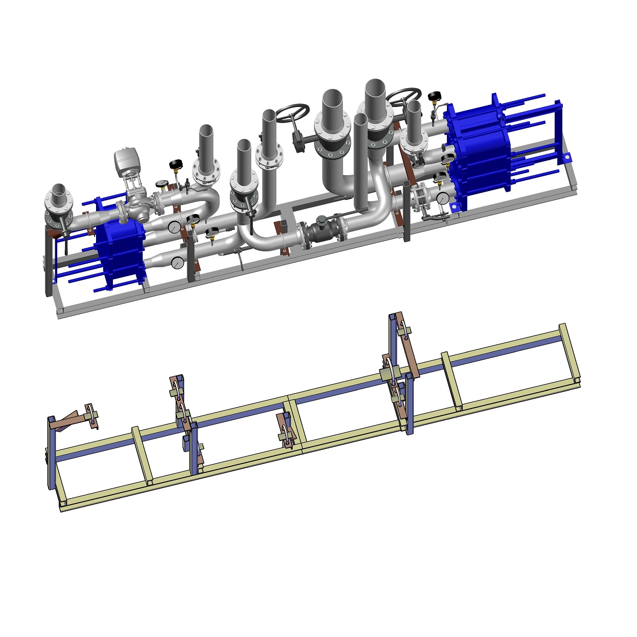 3D модель Блок теплообмена ГВС на разборной раме (двухступенчатая смешанная схема подключения)