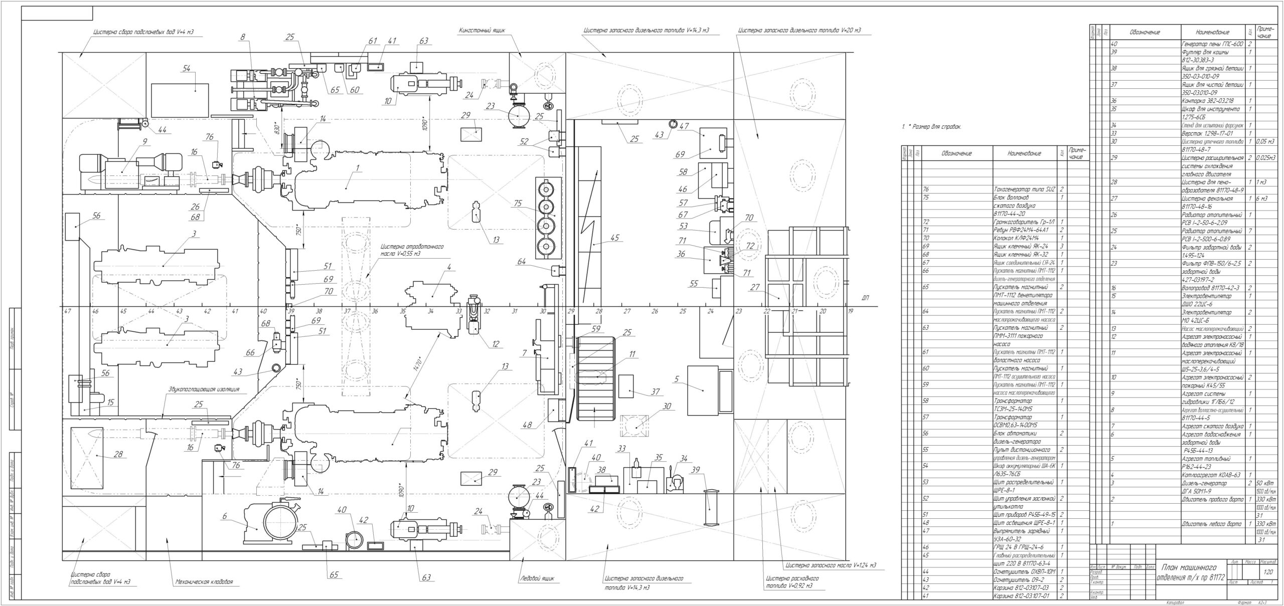 Чертеж План машинного отделения теплохода пр. 81172