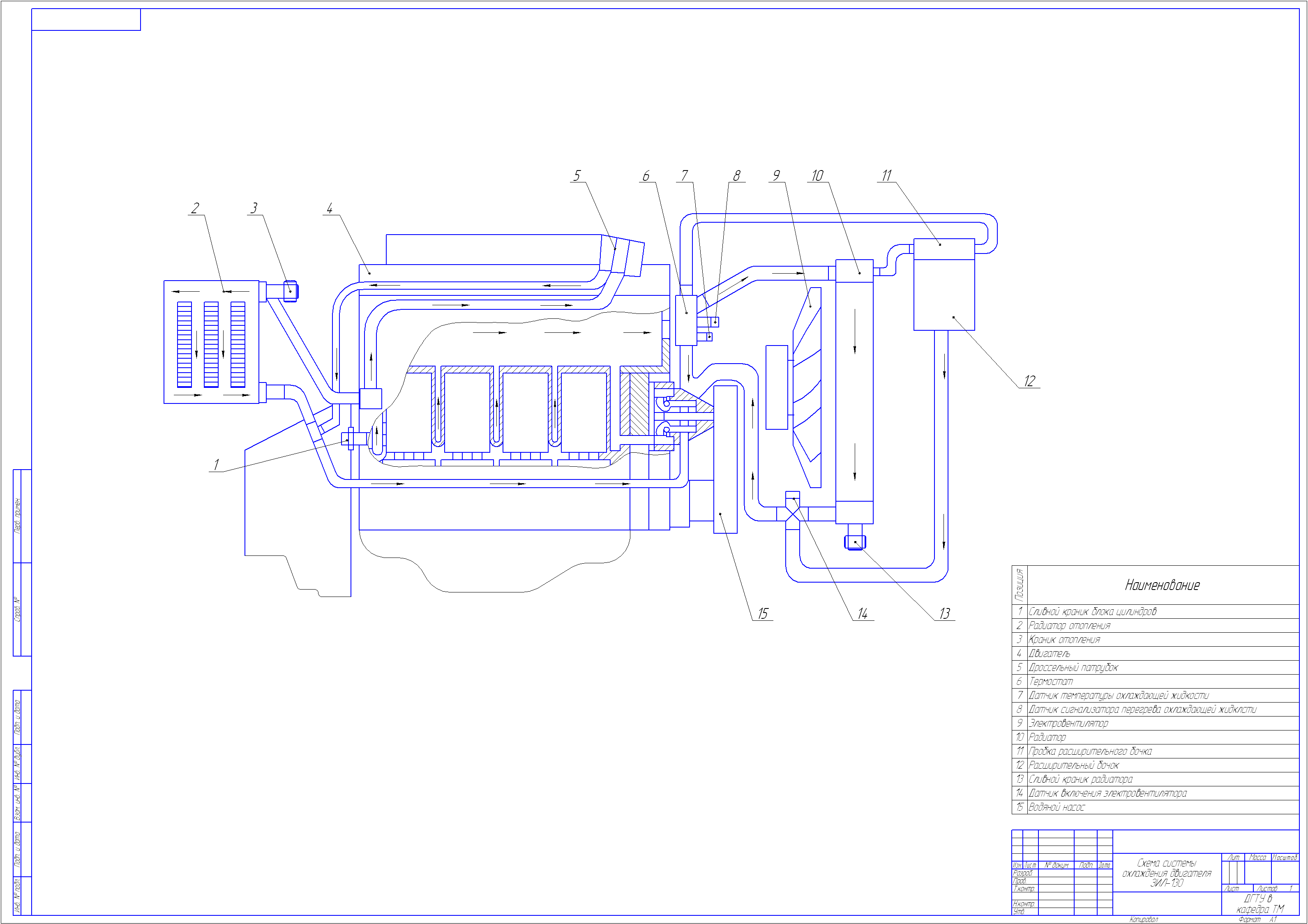 Чертеж Схема системы охлаждения двигателя ЗИЛ-130