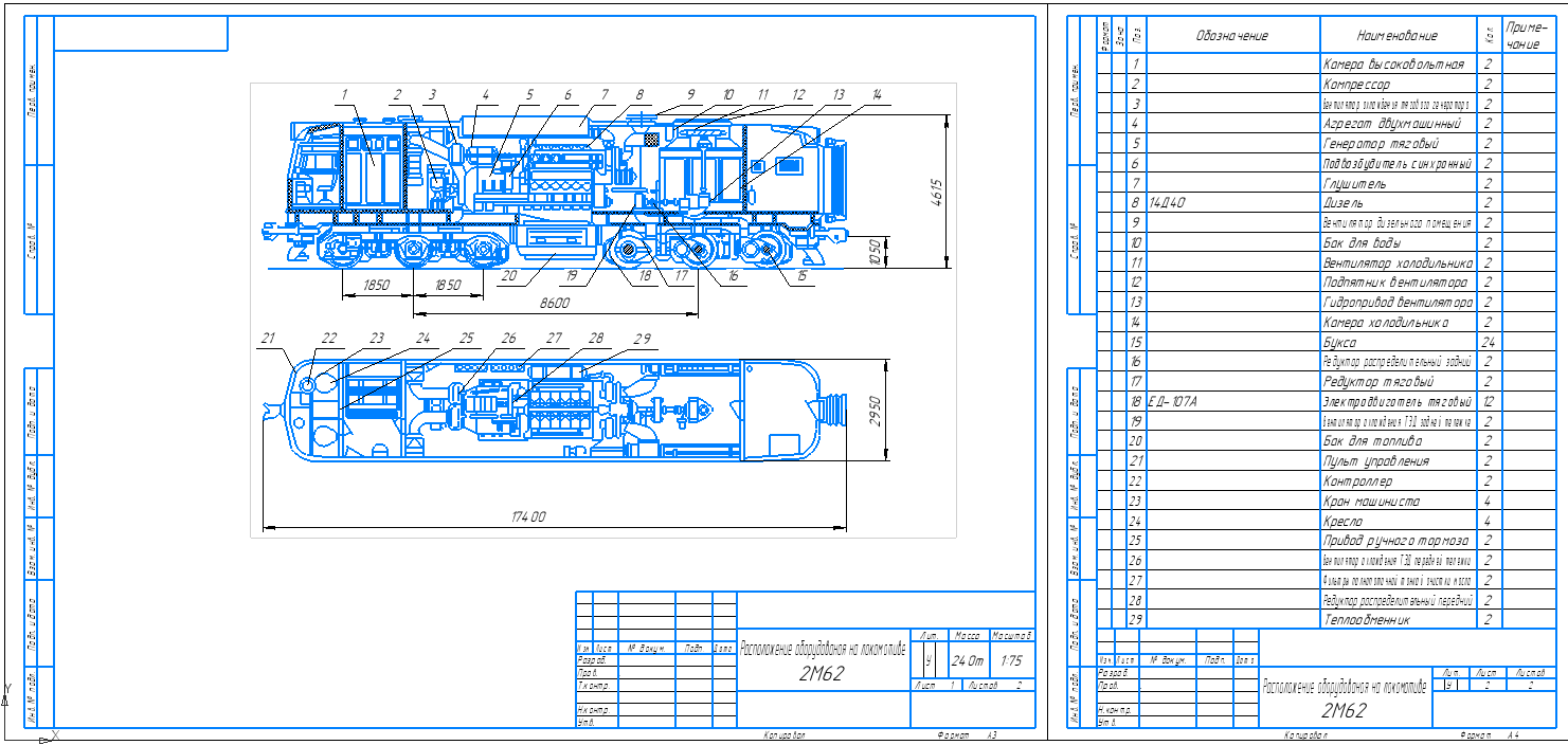 Чертеж Чертёж со спецификацией тепловоза 2М62