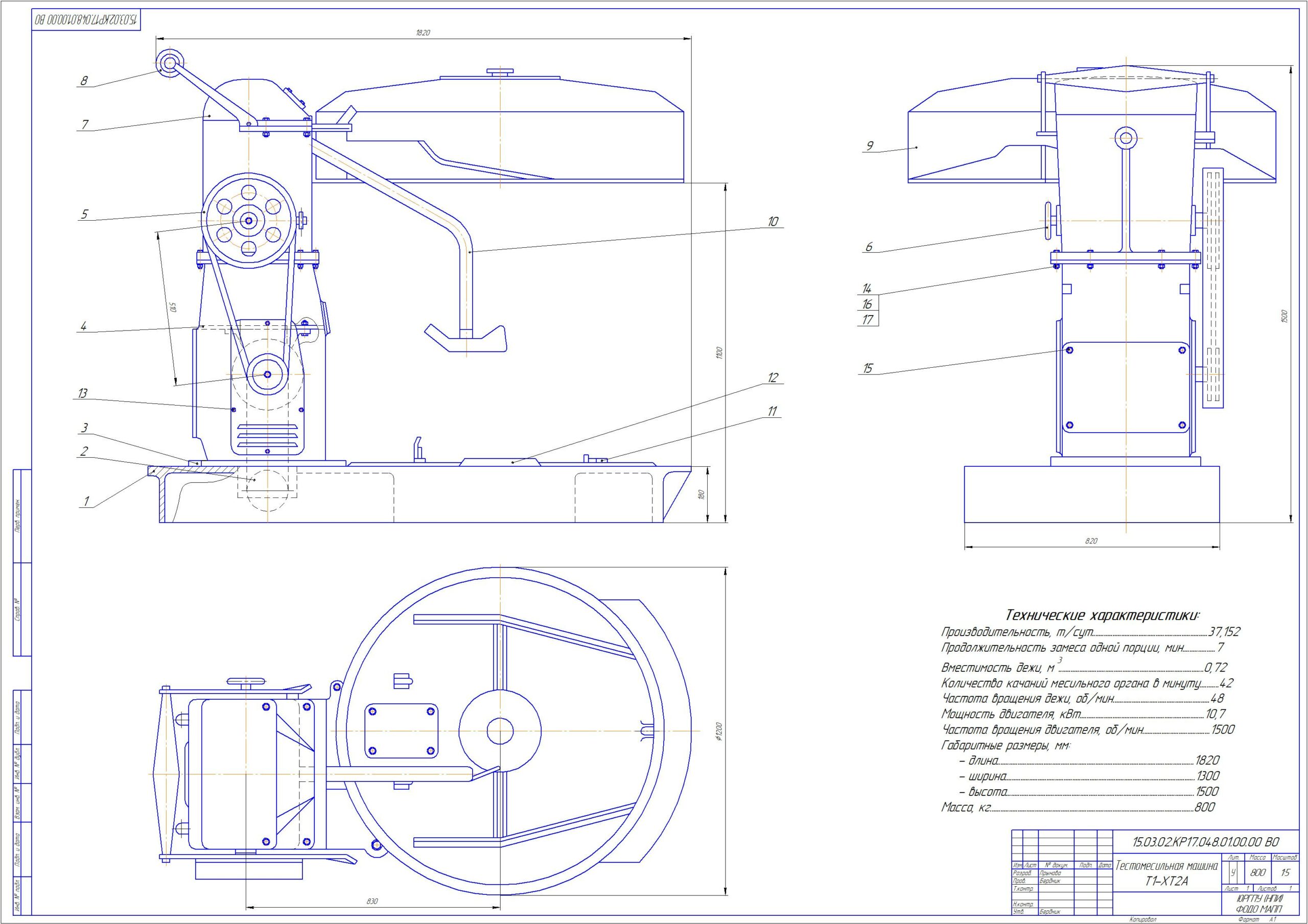 Чертеж Расчет и проектирование тестомесильной машины Т1-ХТ2А