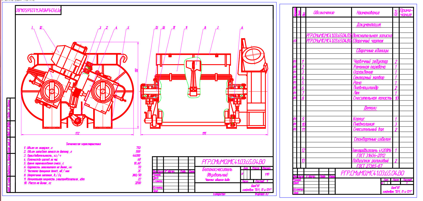 Чертеж Расчет основных параметров бетоносмесителя БП-2Г-750