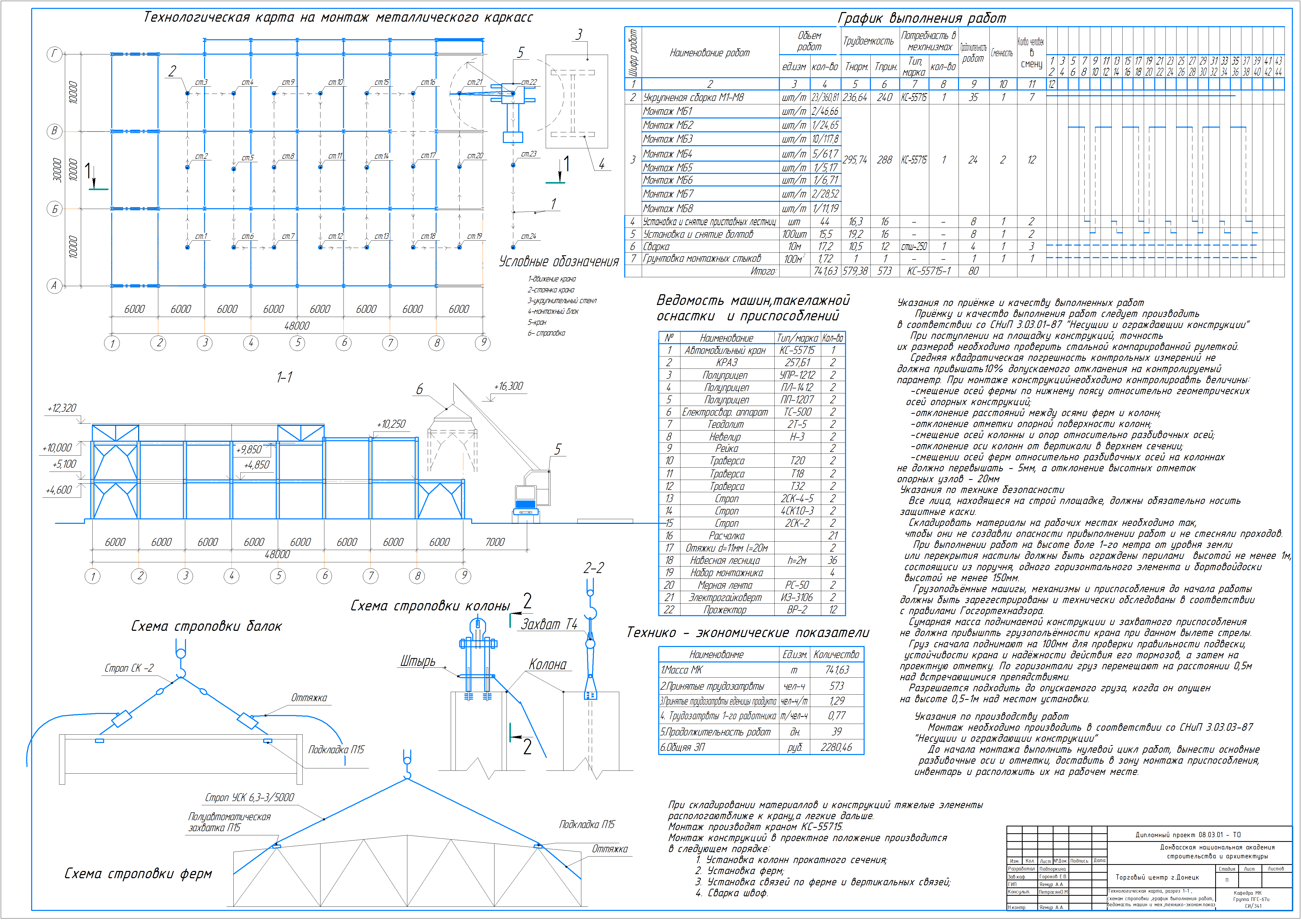 Чертеж Технология монтажа металлического каркаса «Торговый центр , г. Донецке».