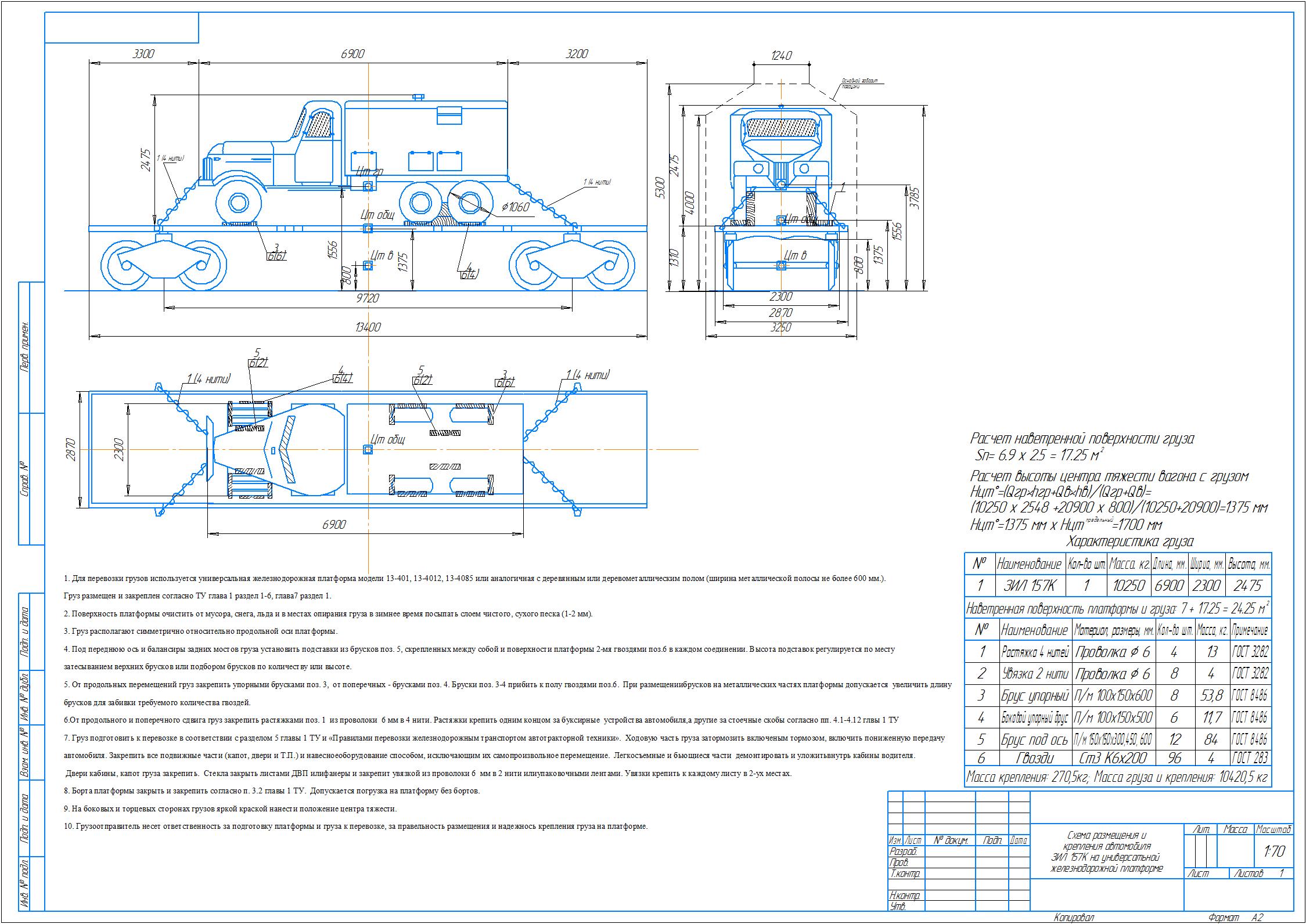 Чертеж Схема размещения и крепления автомобиля ЗИЛ-157 на универсатьной железнодорожной платформе