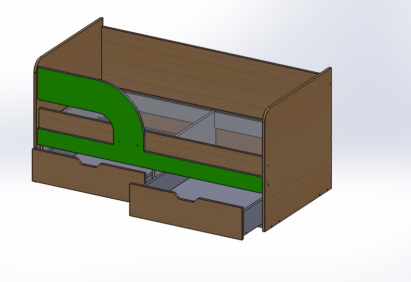 3D модель Детская кроватка с двумя выдвижными ящиками. Размер: длина 1537мм, ширина 769мм, высота до основания матраса 342,5мм, общая высота 750мм