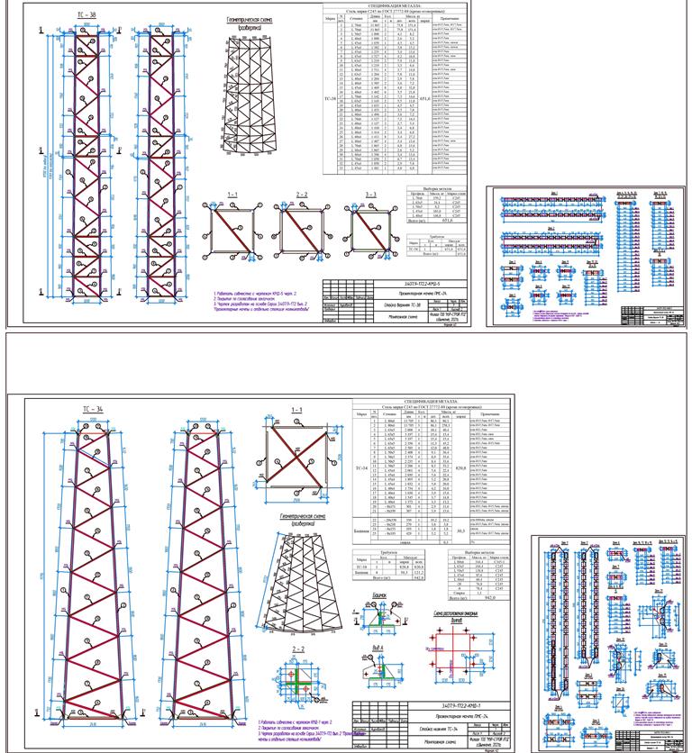 Чертеж Стойка нижняя ТС-34 и стойка верхняя ТС-38 по серии 3.407.9-172. Прожекторные мачты и отдельно стоящие молниеотводы.