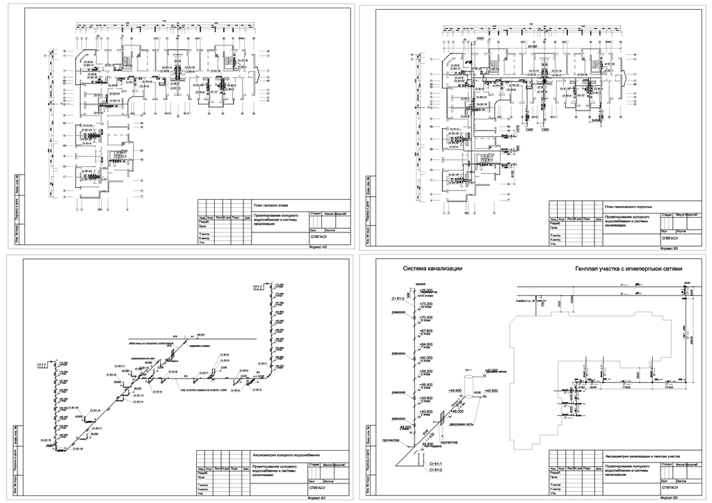 Чертеж Проектирование систем внутреннего водопровода и канализации в многоэтажном доме.