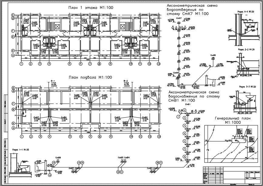 Чертеж Проектирование и гидравлический расчет систем внутреннего водоснабжения и водоотведения 7 - этажного жилого дома